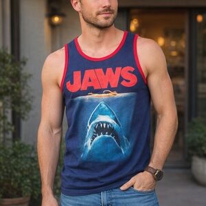 Jaws Movie Poster Royal Adult Tank Top Small Blue Red Sleeveless Universal City